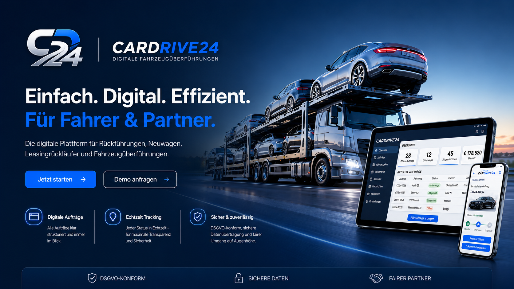 Cardrive24 – digitale Fahrzeugbörse für Rückführungen, Neuwagen und Fahrzeugüberführungen
