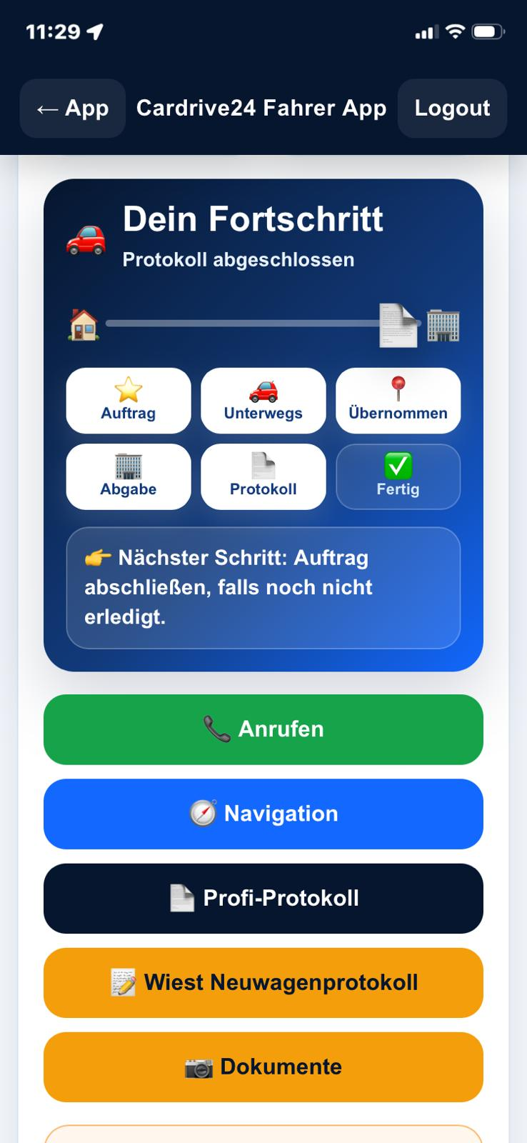Cardrive24 Fahrer App Fortschrittsansicht